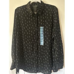 NWT Chelsea and Theodore Long Sleeve Print Button Top Blouse Black White Large